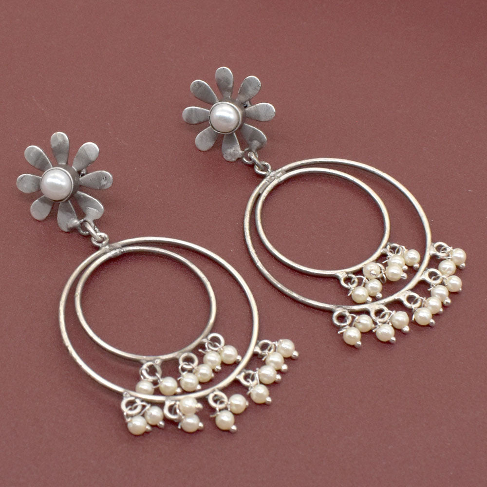 Pearl Flower Earrings Silver Tone Hoop Dangle Statement Jewelry EAR-9433