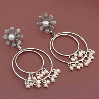 Pearl Flower Earrings Silver Tone Hoop Dangle Statement Jewelry EAR-9433