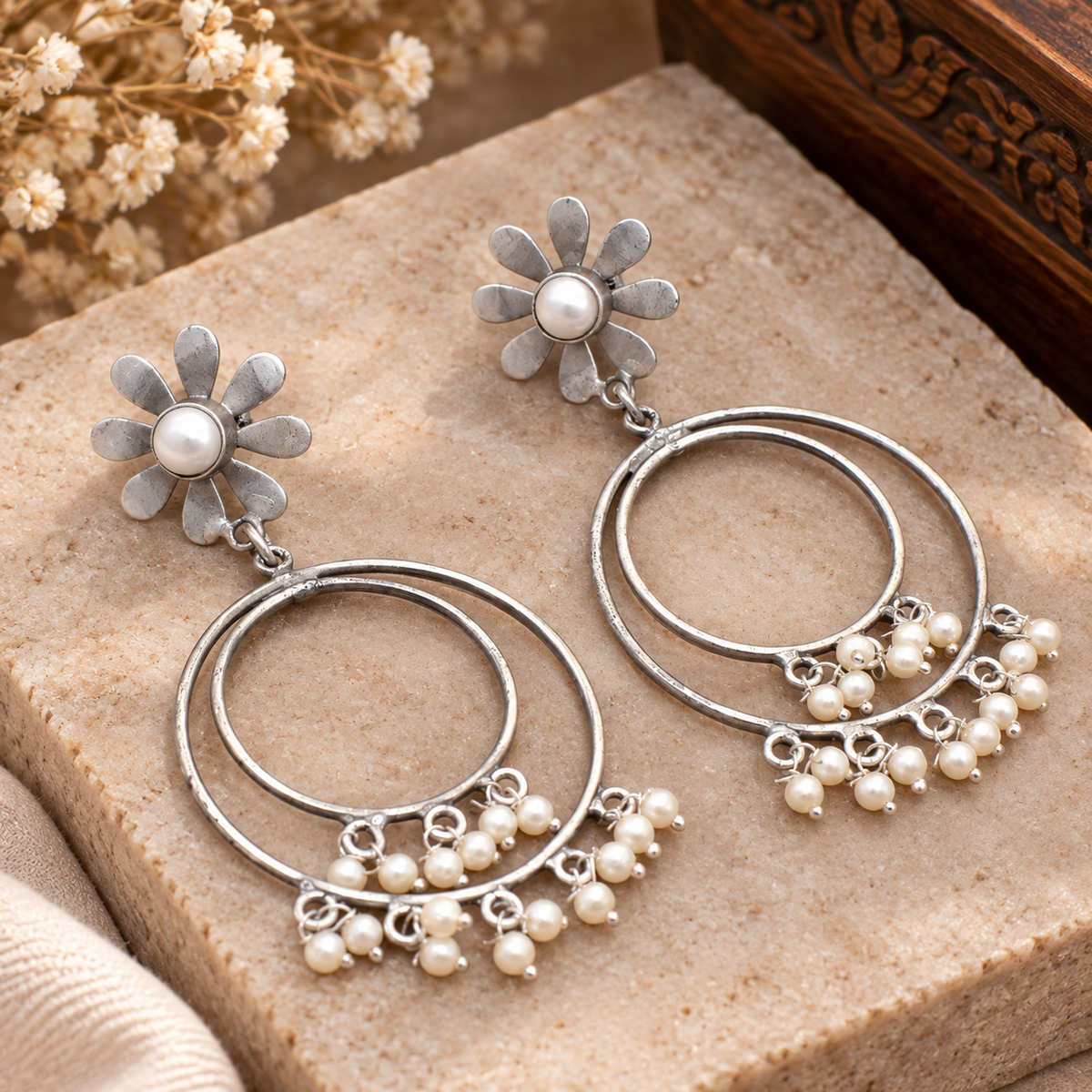 Pearl Flower Earrings Silver Tone Hoop Dangle Statement Jewelry EAR-9433