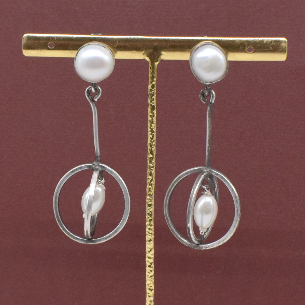 Pearl Drop Earrings Silver Tone Oval Hoop Dangle Statement Jewelry EAR-9438