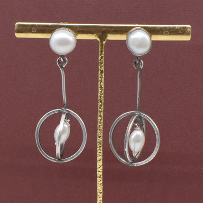 Pearl Drop Earrings Silver Tone Oval Hoop Dangle Statement Jewelry EAR-9438