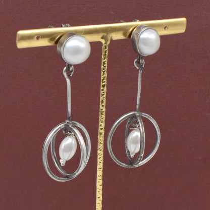 Pearl Drop Earrings Silver Tone Oval Hoop Dangle Statement Jewelry EAR-9438