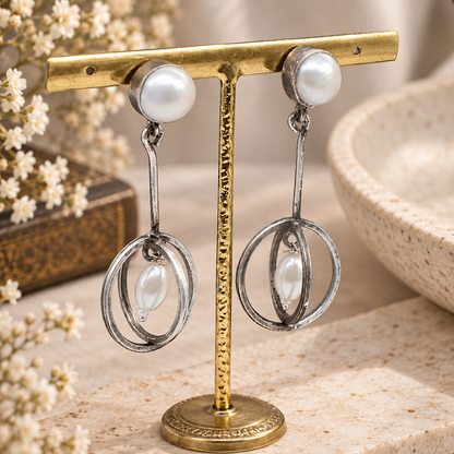 Pearl Drop Earrings Silver Tone Oval Hoop Dangle Statement Jewelry EAR-9438