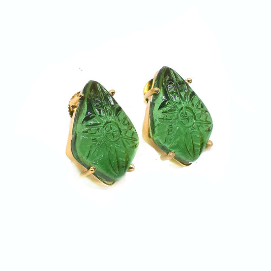 Carved Green Diopside Stud Earring Gold Plated Kite Fashion Jewelry 1" EAR-9777