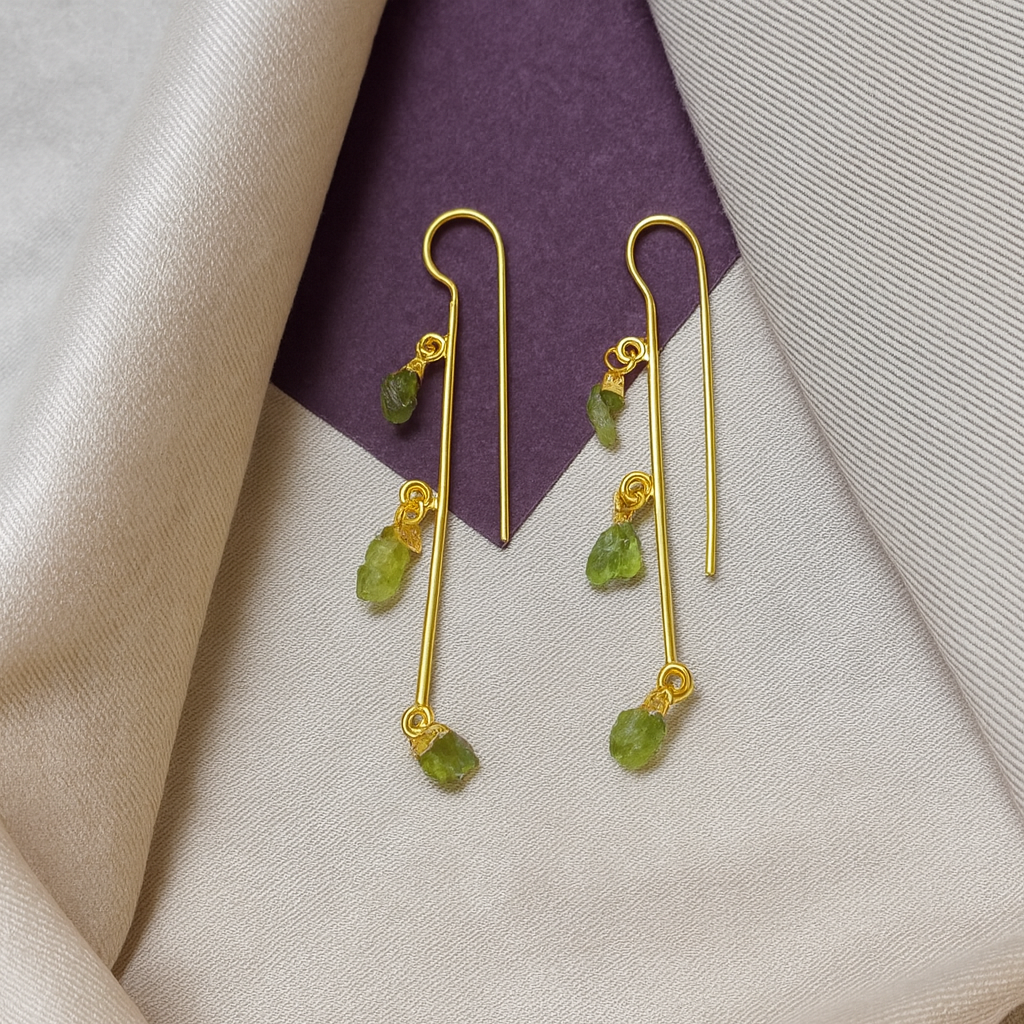 Minimal Linear Gold Plated Earring Raw Peridot