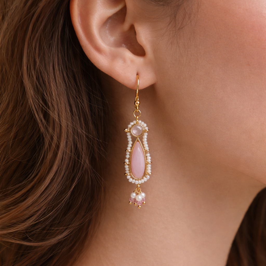 Faceted Gemstone Dangle Earrings WithWhite Seed Bead Surrounding EAR06-GLD