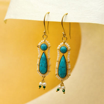 Faceted Gemstone Dangle Earrings WithWhite Seed Bead Surrounding EAR06-GLD
