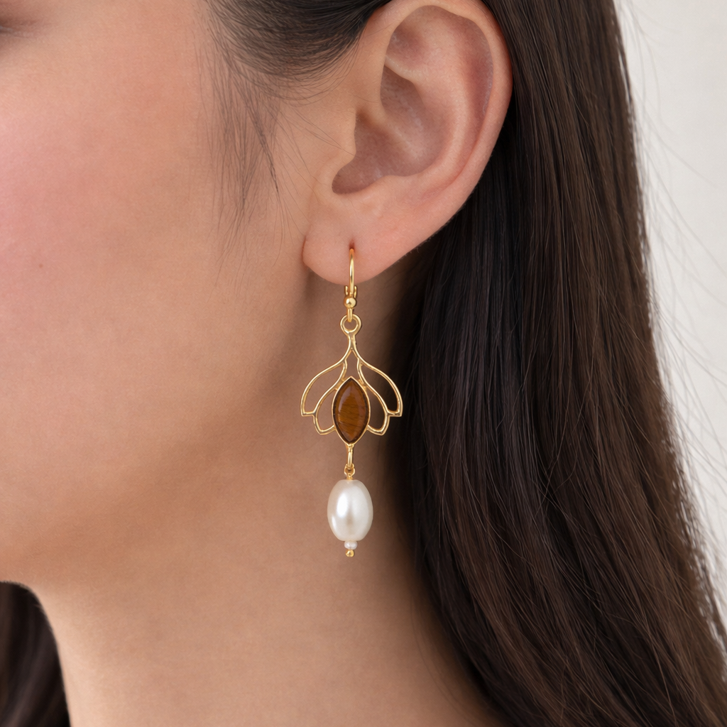Gold Pearl Drop Earrings for Women Elegant Floral Jewelry EAR14-GLD
