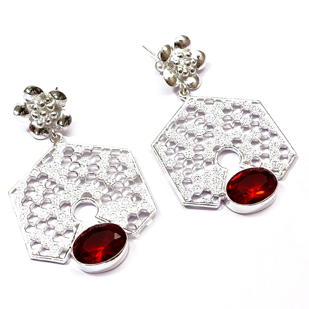 Red Garnet Honeycomb Earrings Silver Floral Stud Dangle Jewelry EAR-3150