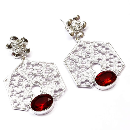 Red Garnet Honeycomb Earrings Silver Floral Stud Dangle Jewelry EAR-3150