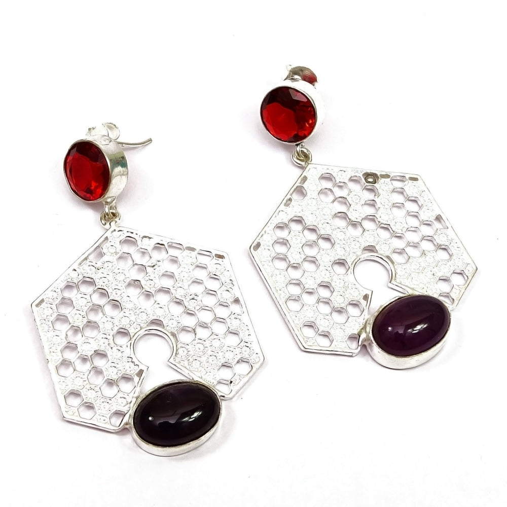 Garnet Amethyst Silver Earrings Geometric Honeycomb Dangle Jewelry EAR-3563