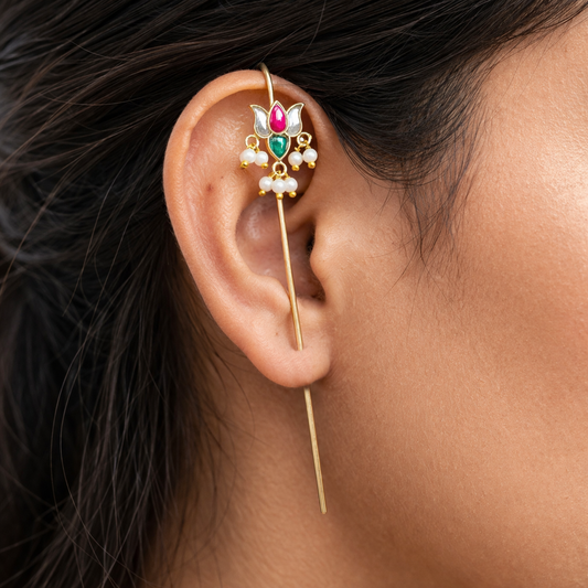 Gold Plated Jadau Floral Ear Cuff with Pearl Drops for Women HX03-JDU