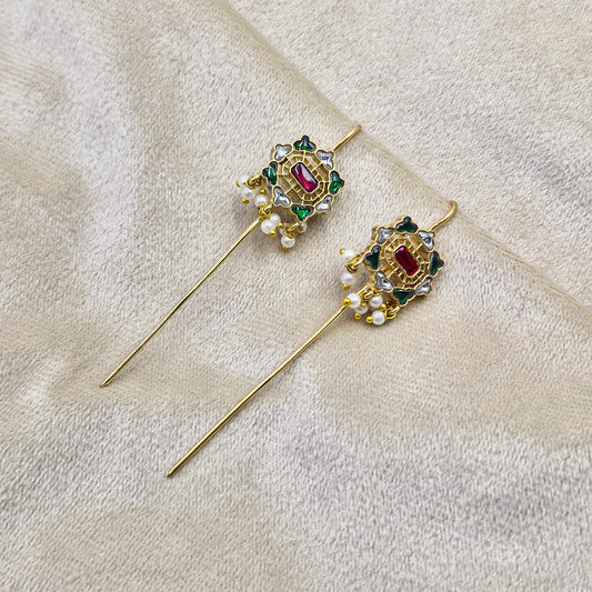 Gold Plated Jadau Floral Ear Cuff with Pearl Drops for Women HX03-JDU