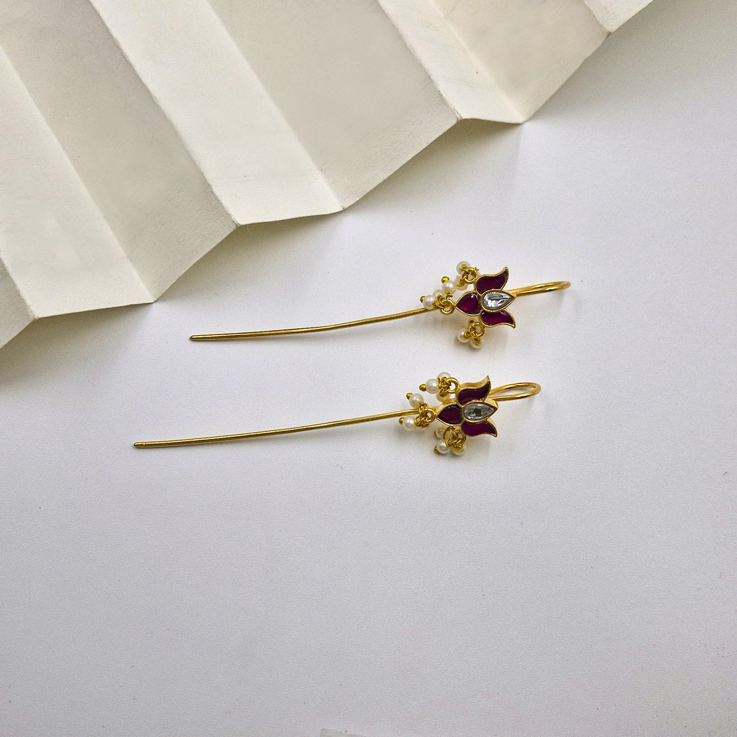 Gold Plated Jadau Floral Ear Cuff with Pearl Drops for Women HX03-JDU