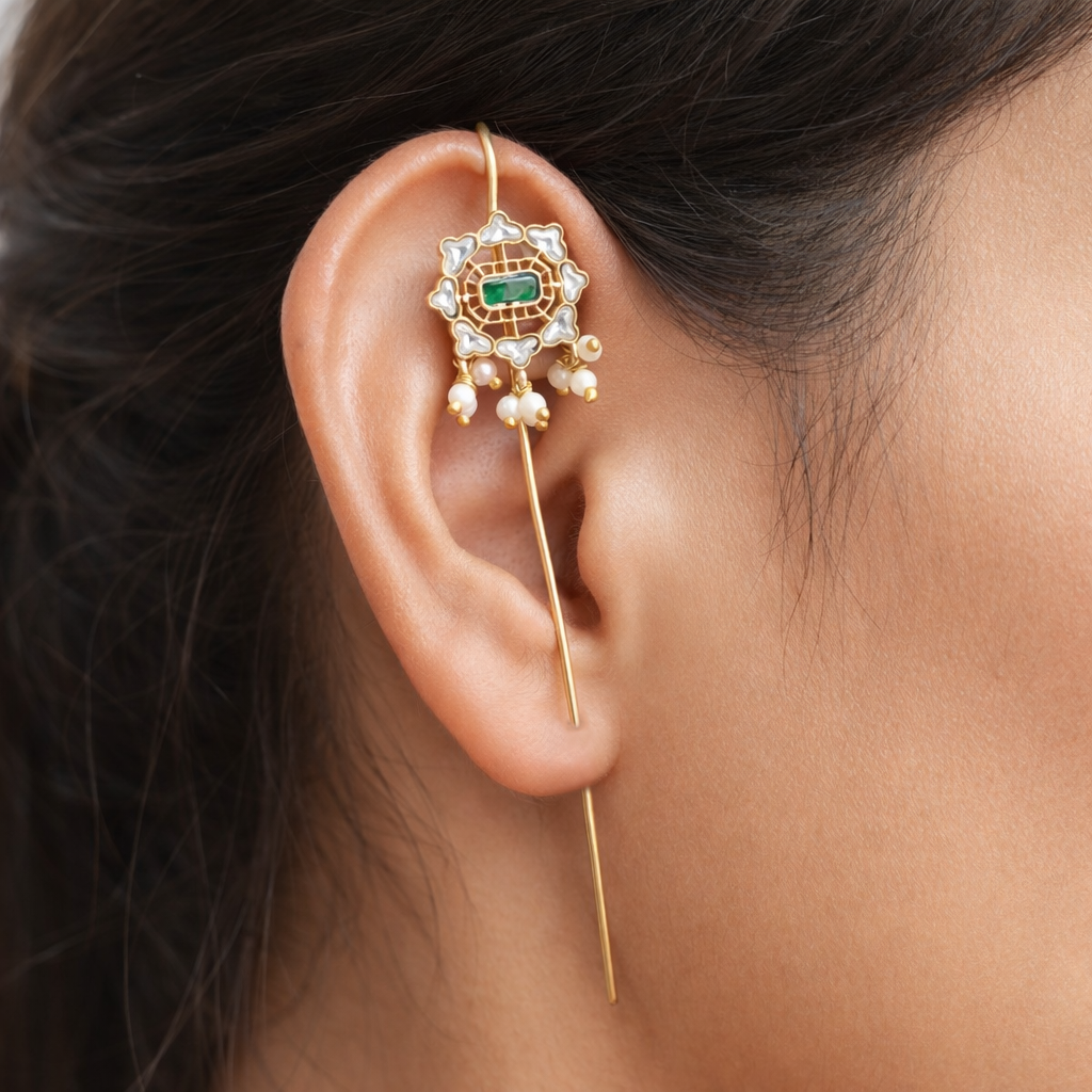 Gold Plated Jadau Floral Ear Cuff with Pearl Drops for Women HX03-JDU
