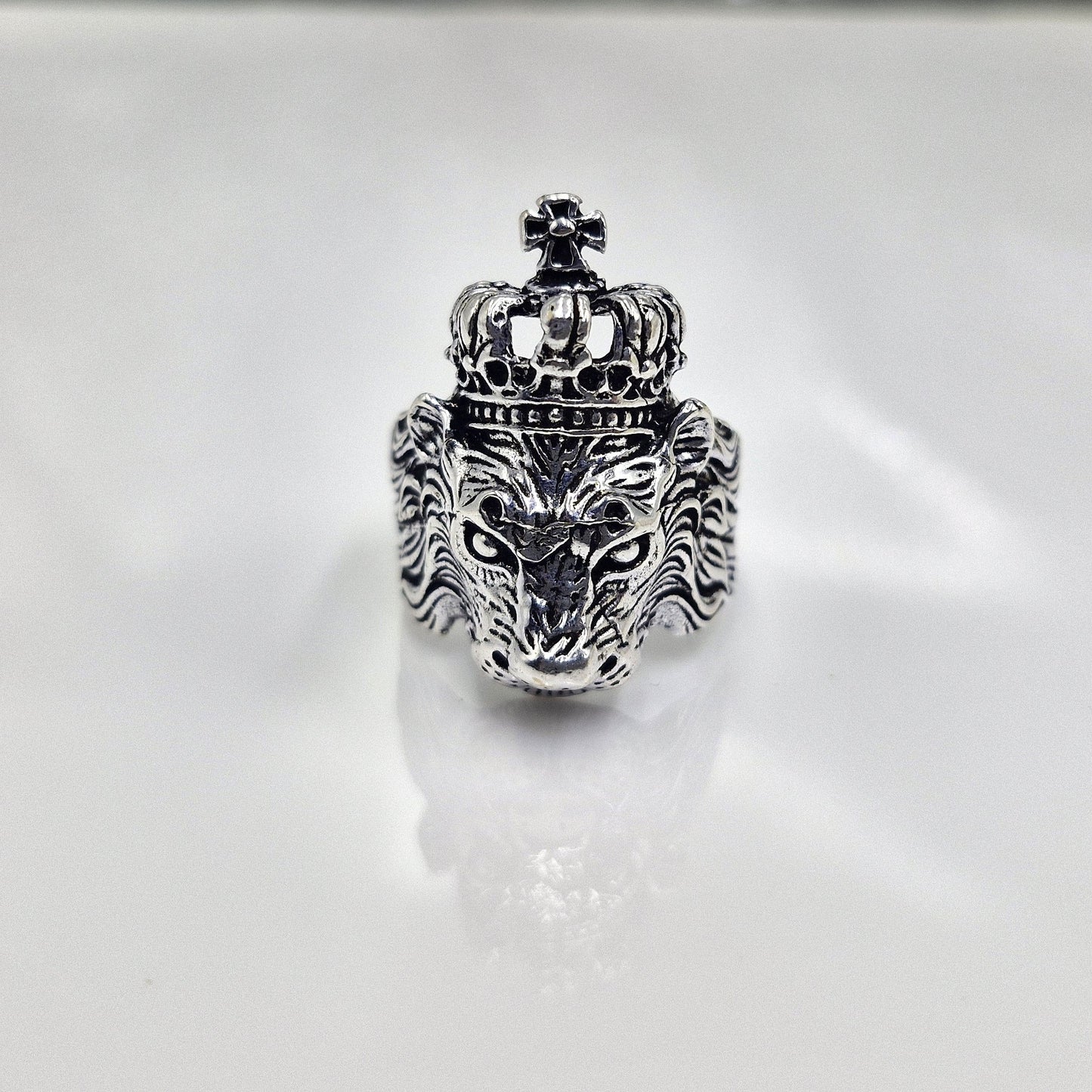 Vintage Lion Head Crown Ring Silver King Style Bold Animal Design Ring MRIN01-PLN