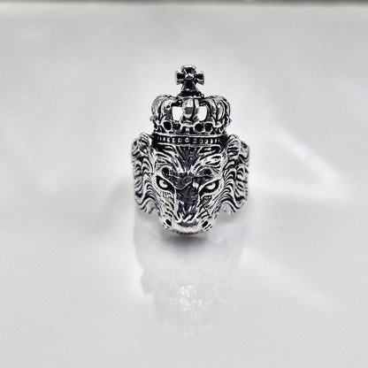 Vintage Lion Head Crown Ring Silver King Style Bold Animal Design Ring MRIN01-PLN
