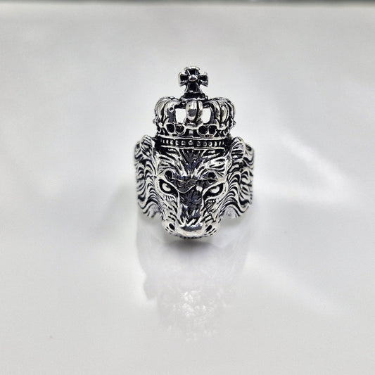 Vintage Lion Head Crown Ring Silver King Style Bold Animal Design Ring MRIN01-PLN