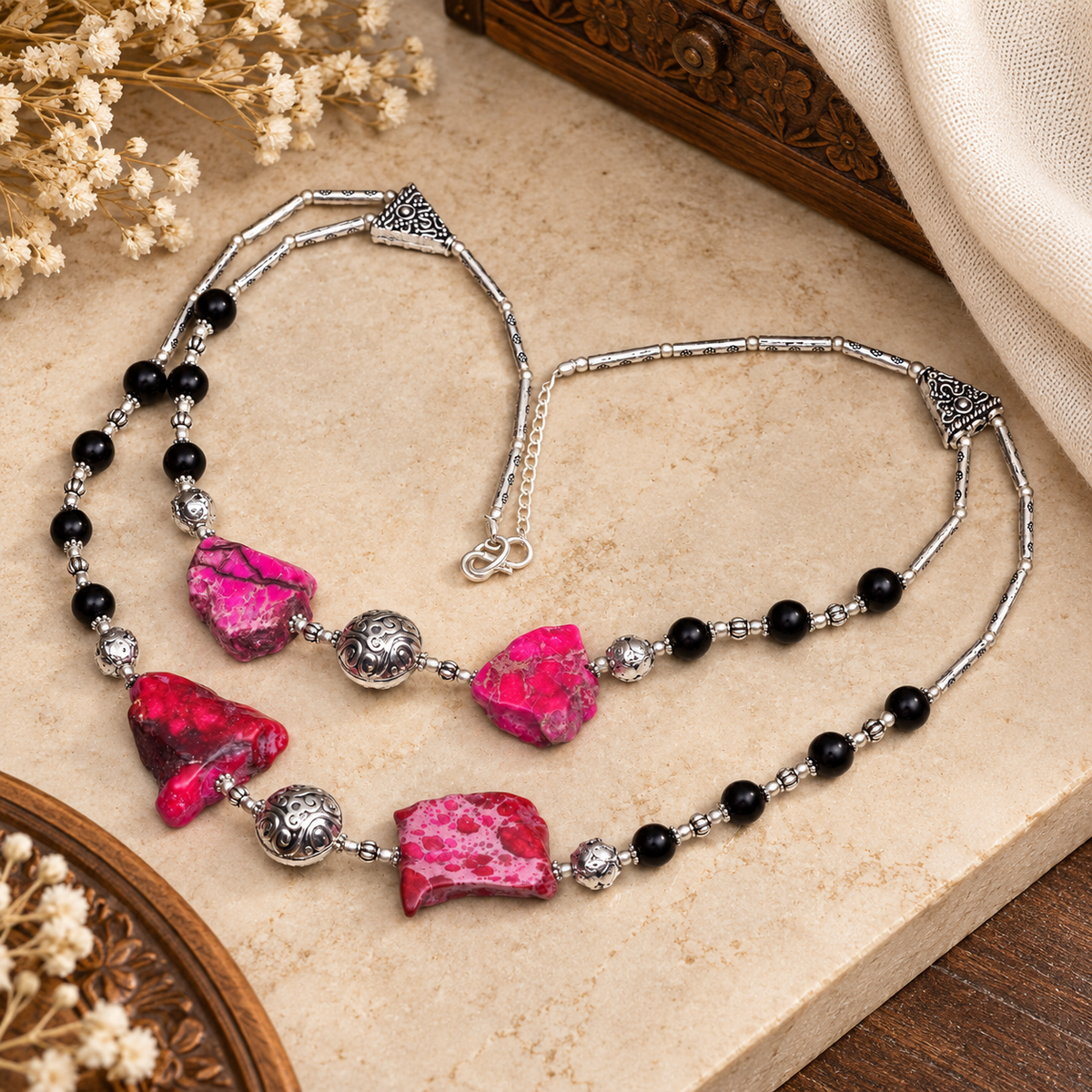 Sea Sediment Jasper And Black Onyx Handmade Jewelry Necklace 18'' To 20'' NEC-1296