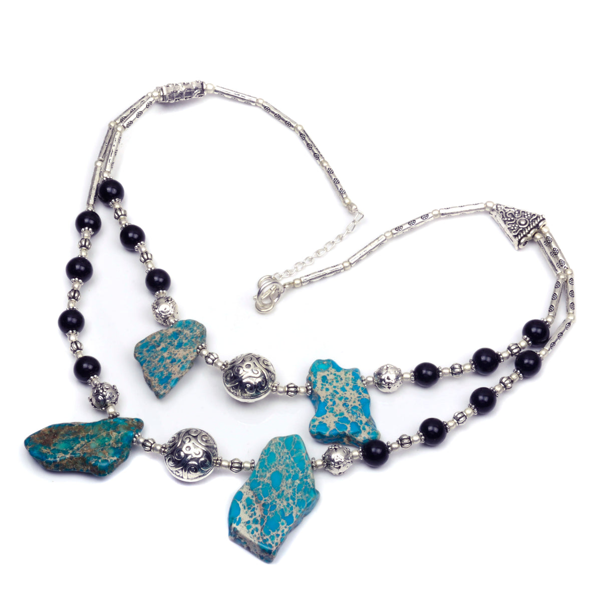 Sea Sediment Jasper Black Onyx Beaded Double String Ethnic Necklace NEC-1300