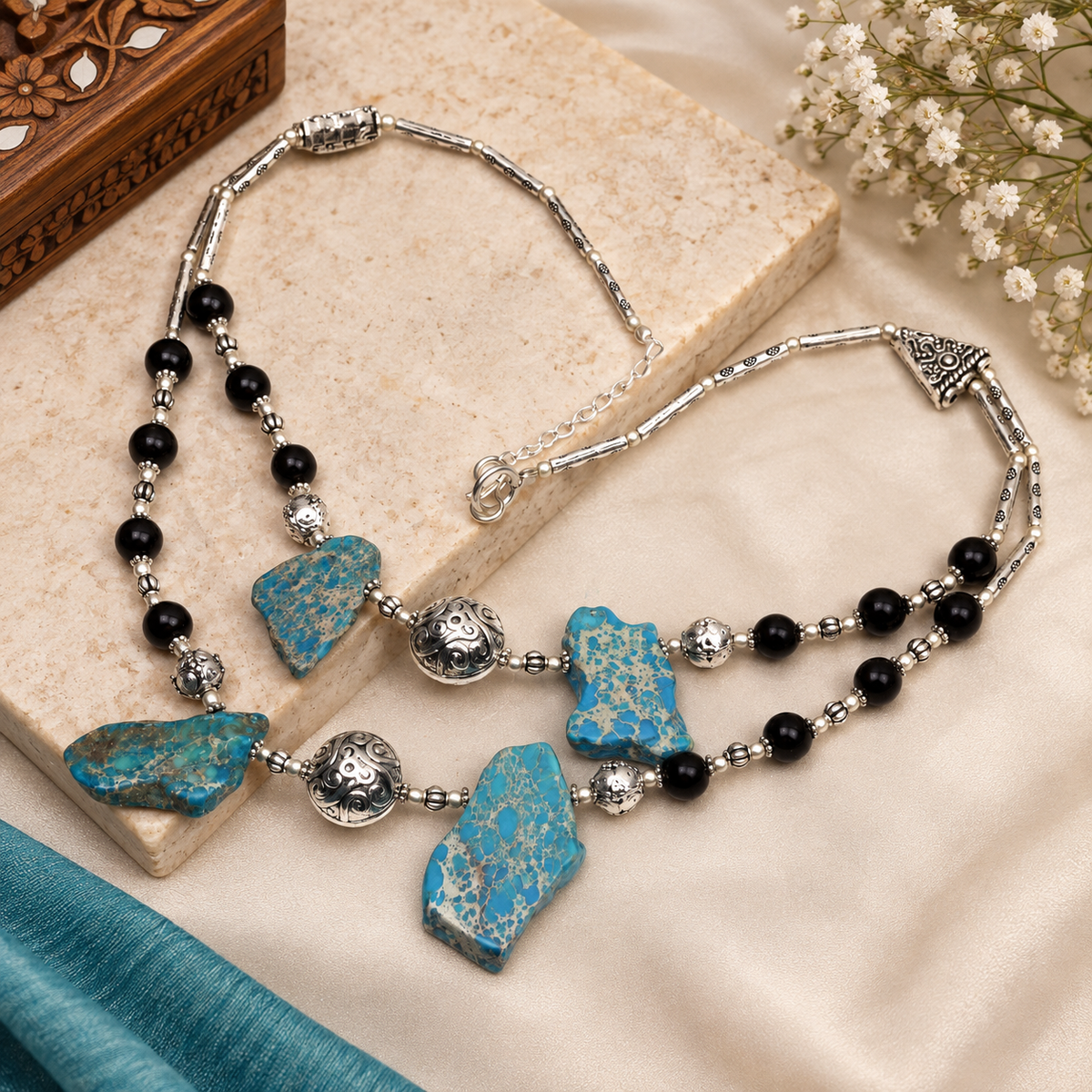 Sea Sediment Jasper Black Onyx Beaded Double String Ethnic Necklace NEC-1300