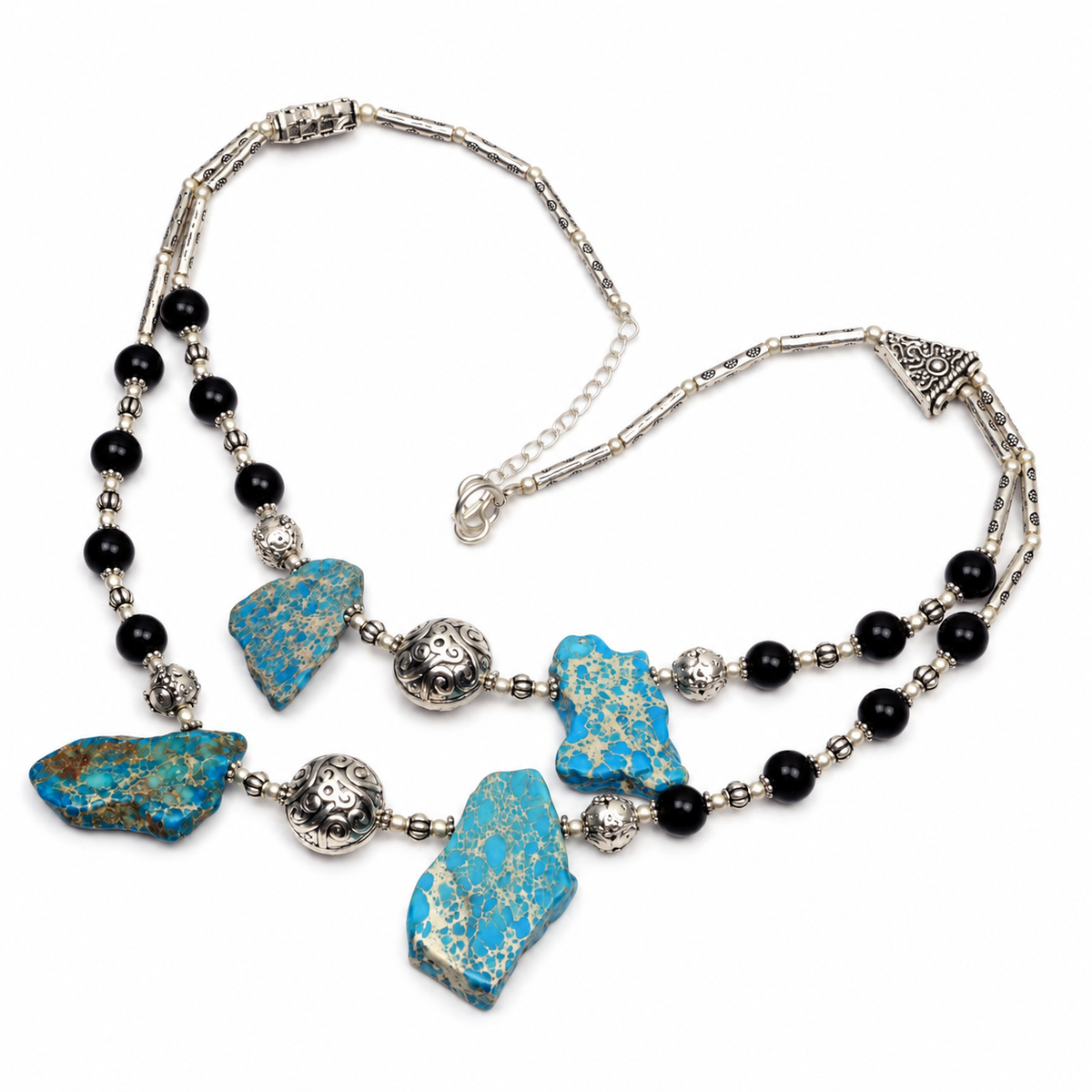 Sea Sediment Jasper Black Onyx Beaded Double String Ethnic Necklace NEC-1300