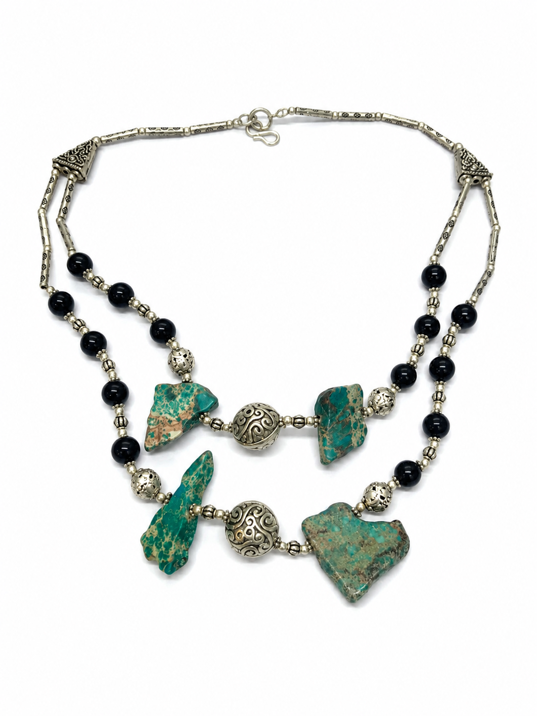 Sea Sediment Jasper Bead Black Onyx Double String Necklace Ethnic Jewelry NEC-2961