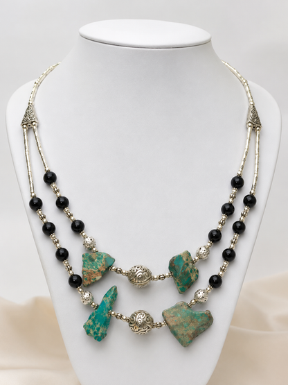 Sea Sediment Jasper Bead Black Onyx Double String Necklace Ethnic Jewelry NEC-2961