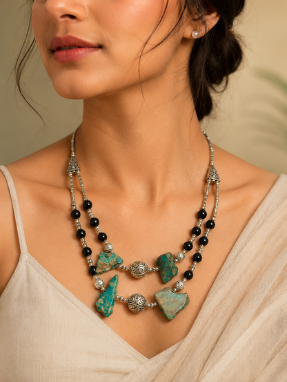Sea Sediment Jasper Bead Black Onyx Double String Necklace Ethnic Jewelry NEC-2961