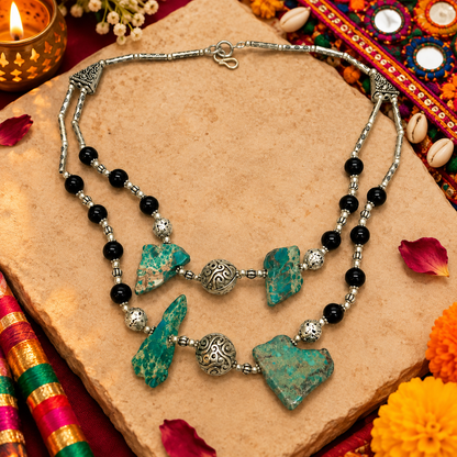 Sea Sediment Jasper Bead Black Onyx Double String Necklace Ethnic Jewelry NEC-2961