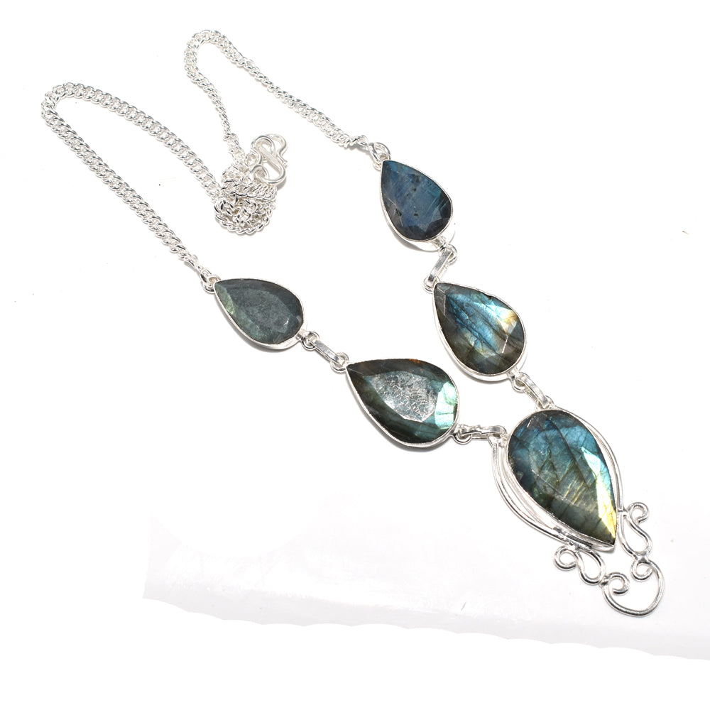 Natural Blue Labradorite Cut Gemstone Silver Plated Ethnic Necklace 18'' NEC-3200