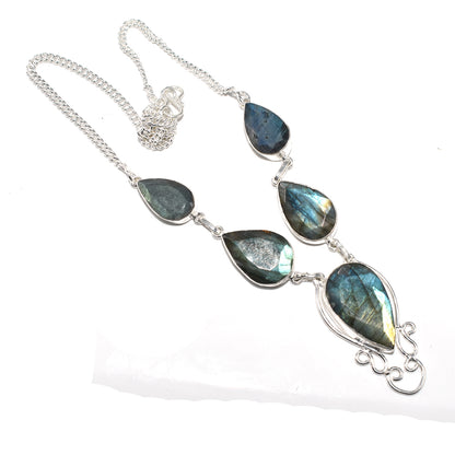 Natural Blue Labradorite Cut Gemstone Silver Plated Ethnic Necklace 18'' NEC-3200