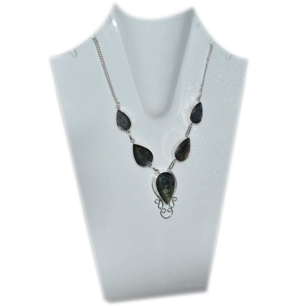Natural Blue Labradorite Cut Gemstone Silver Plated Ethnic Necklace 18'' NEC-3200