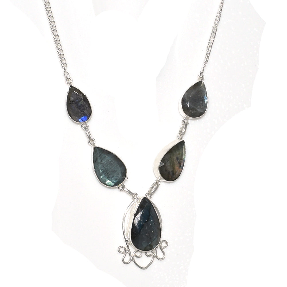 Natural Blue Labradorite Cut Gemstone Silver Plated Ethnic Necklace 18'' NEC-3200