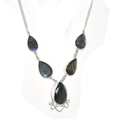 Natural Blue Labradorite Cut Gemstone Silver Plated Ethnic Necklace 18'' NEC-3200