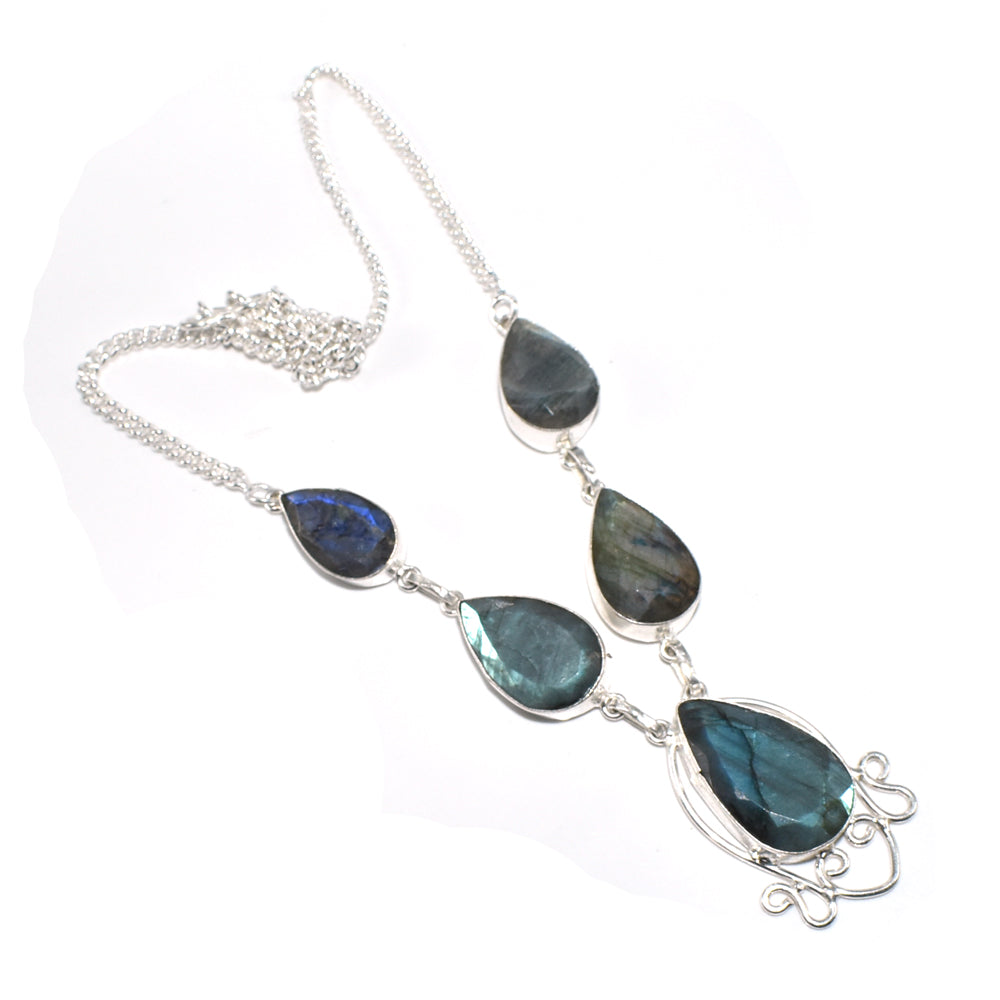 Natural Blue Labradorite Cut Gemstone Silver Plated Ethnic Necklace 18'' NEC-3200
