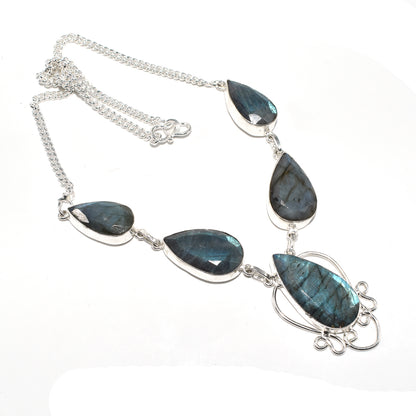 Natural Blue Labradorite Cut Gemstone Silver Plated Ethnic Necklace 18'' NEC-3200
