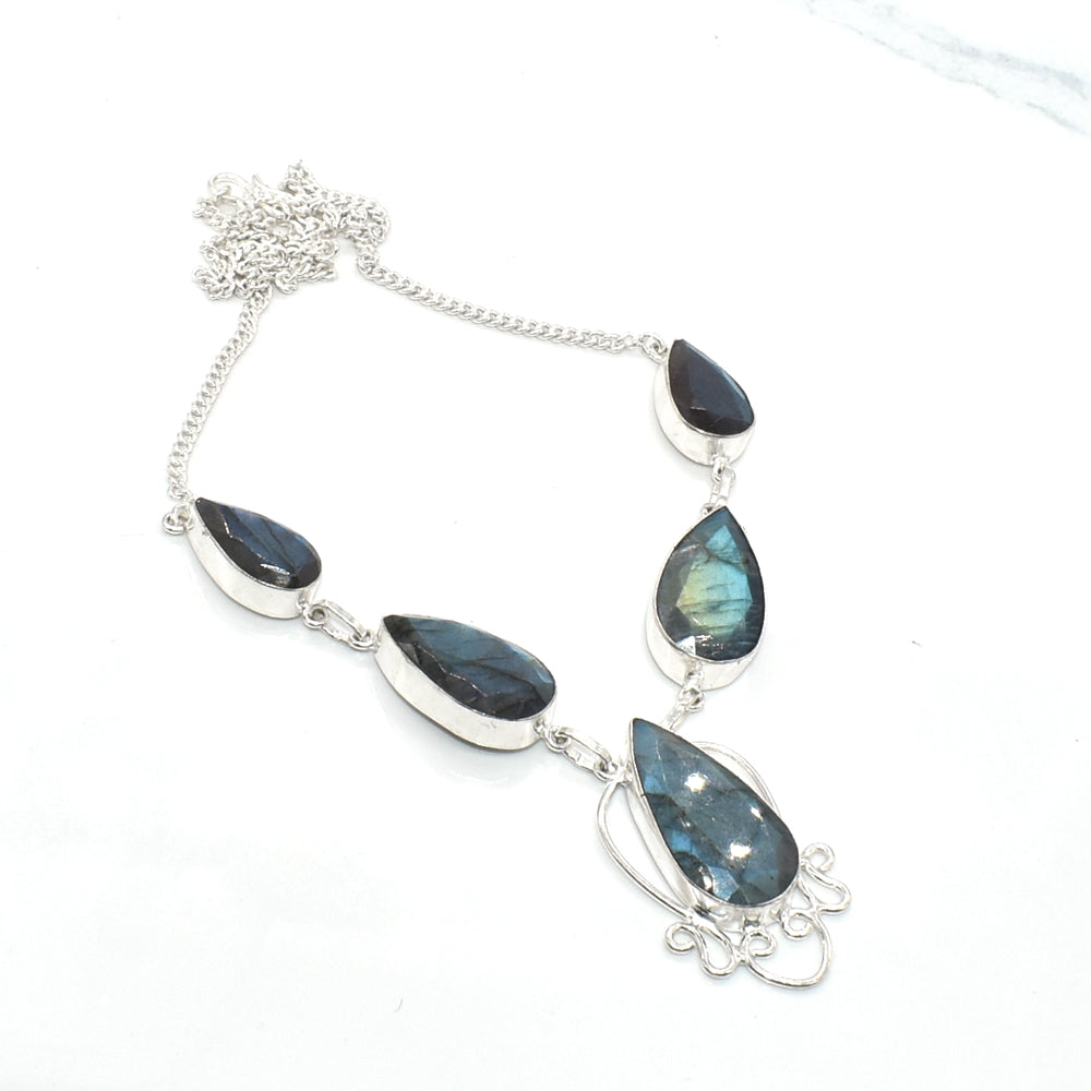 Natural Blue Labradorite Cut Gemstone Silver Plated Ethnic Necklace 18'' NEC-3200