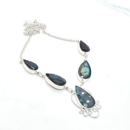 Natural Blue Labradorite Cut Gemstone Silver Plated Ethnic Necklace 18'' NEC-3200