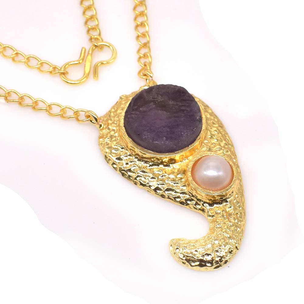 Purple Amethyst Pearl Gold Plated Jewelry Elephant Head Necklace 18" NEC-4177