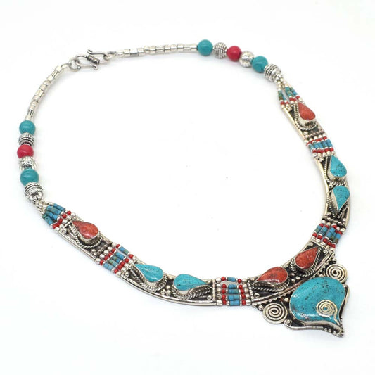 Stunning Green Turquoise Handmade Tibetan Jewelry Gifted Necklace 18" NEC-4289