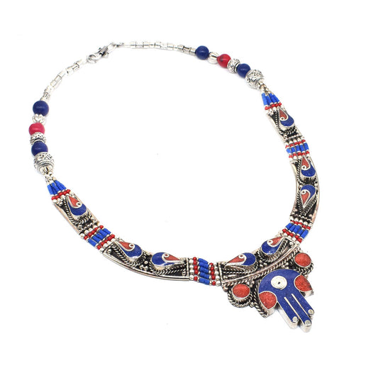 Wholesale Price Lapis Lazuli Gemstone Tibetan Jewelry Hamsa Necklace 18" NEC-4292