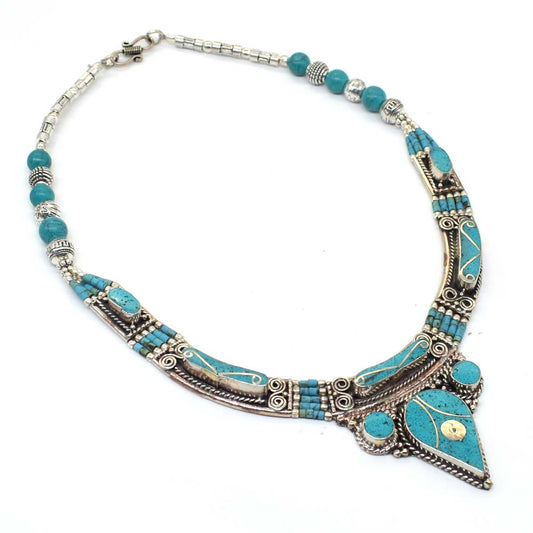 Red Coral Turquoise Gemstone Nepali Tibetan Jewelry Hamsa Necklace 18" NEC-4290