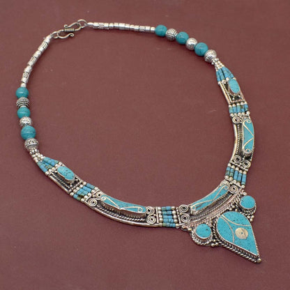 Red Coral Turquoise Gemstone Nepali Tibetan Jewelry Hamsa Necklace 18" NEC-4290
