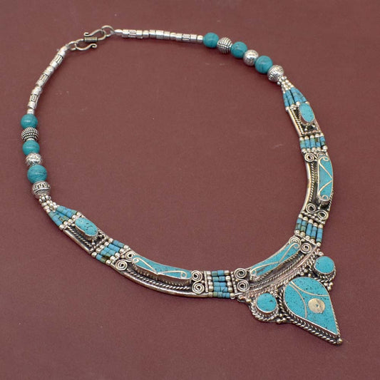 Red Coral Turquoise Gemstone Nepali Tibetan Jewelry Hamsa Necklace 18" NEC-4290
