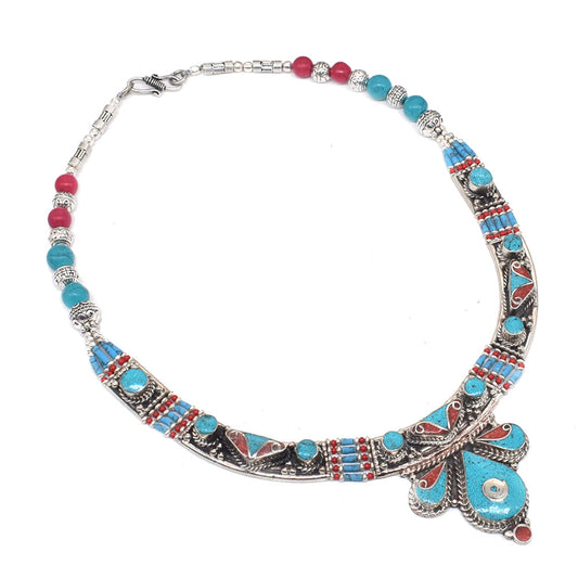 Vintage Tibetan Jewelry Red Coral Turquoise Gemstone Wedding Necklace 18" NEC-4296