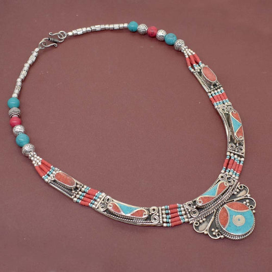 Red Coral Turquoise Gemstone Handmade Tibetan Jewelry Gift Necklace 18" NEC-4297
