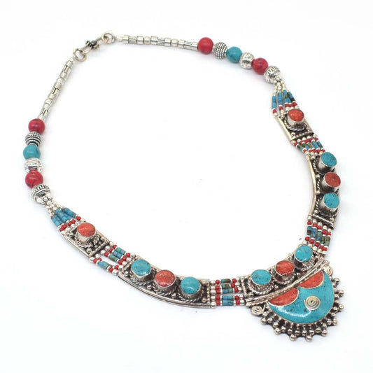 Green Turquoise Red Coral Vintage Gemstone Tibetan Jewelry Necklace 18' NEC-4298