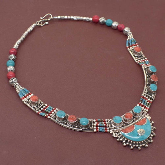 Green Turquoise Red Coral Vintage Gemstone Tibetan Jewelry Necklace 18' NEC-4298