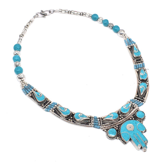 Tibetan Jewelry Green Turquoise Gemstone Hamsa Hand Nepali Necklace 18" NEC-4306